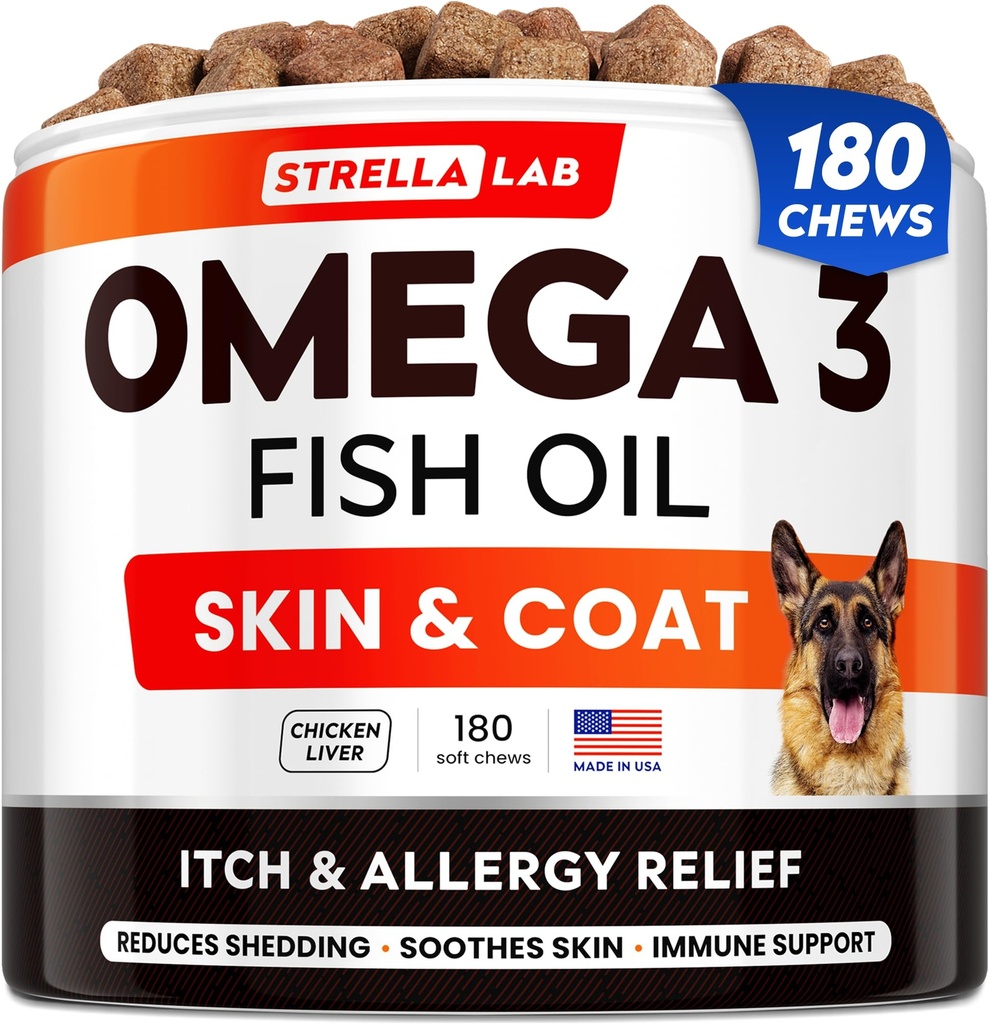 StrellaLab Fish Oil Omega 3 Treats for Dogs (180 Treats) - Allergie & Itch Relief - Skin & Coat Supplement - Joint Health - Wild Alaska Salmon Oil - Shdding, Itchy Skin Relief - Omega 3 6 9 - EPA&DHA
