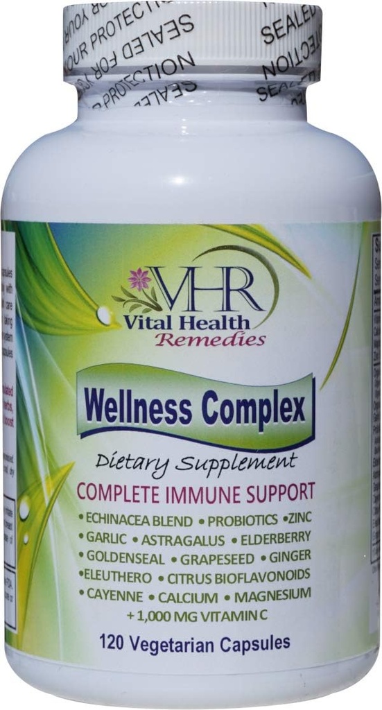 VHR Wellness Complex Immune Boosting Formula met Echinacea, Goldenseal, Knoflook, Probiotica, Vlierbes, Astragalus, Grapeseed, Cayenne, Bioflavonoïden, Eleuthero, Ginger, VIT. C, Zink. 120 Veg caps