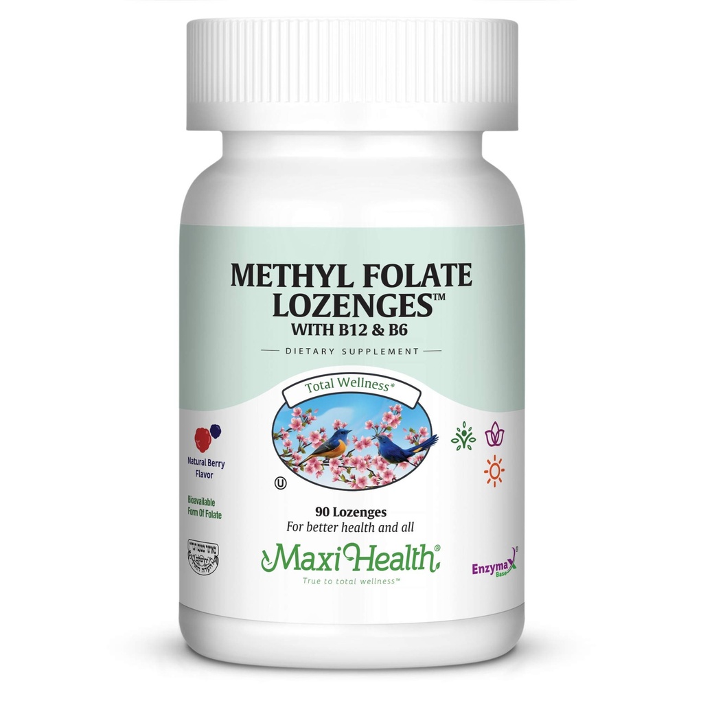 Maxi Health Methyl Folate Lozenges avec B12 & B6, Mémoire aromatisée, Santé cardiovasculaire Hormone et Immunissance Support Sans gluten, Berry Kosher, 90 Compte