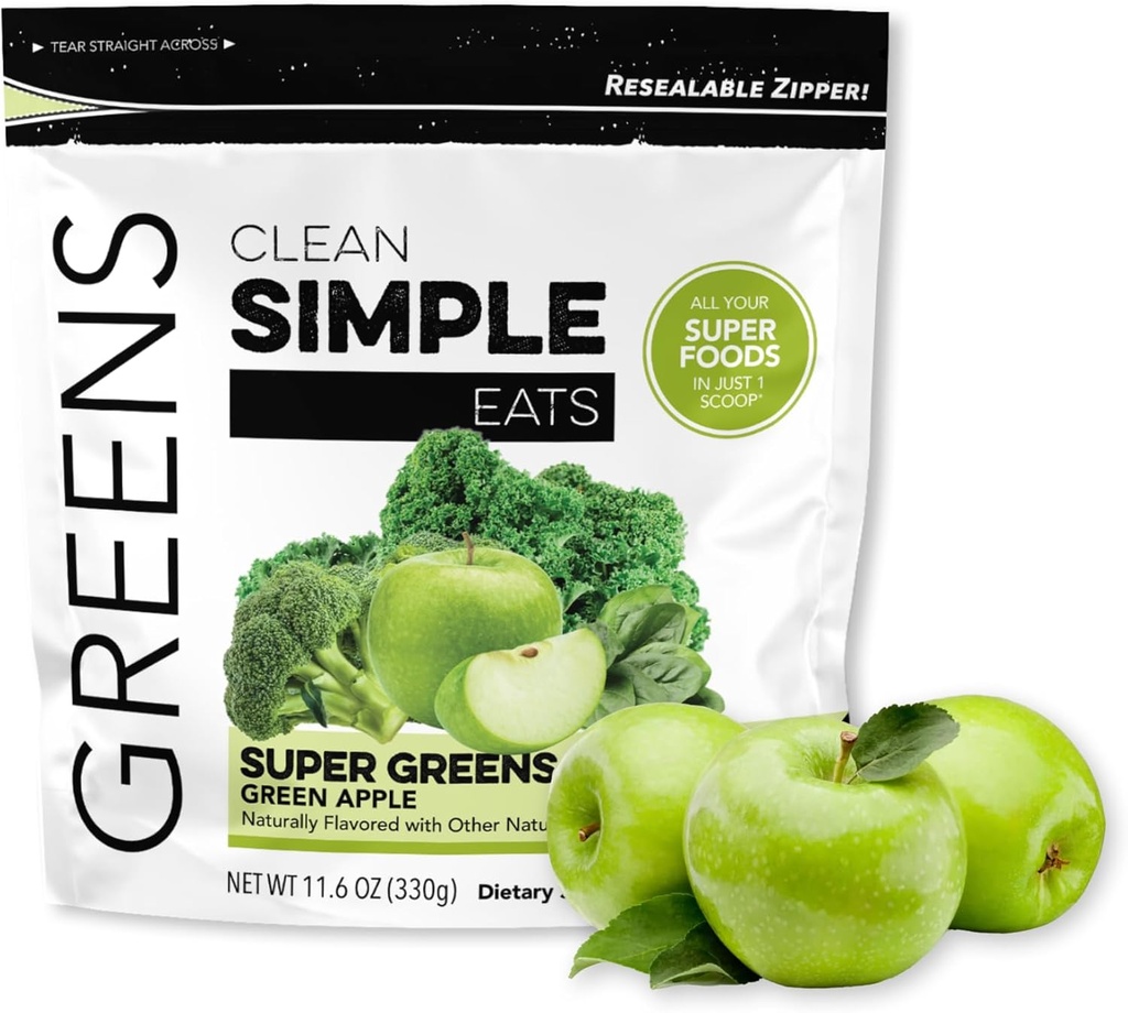 Clean Simple Eats Super Greens Powder, Natuurlijk Flavored Greens Powder met Chlorella, Spirulina, Superfoods & Prebiotic Fiber, Geen kunstmatige ingrediënten, Glutenvrij, Green Apple Flavor, 30 Servers