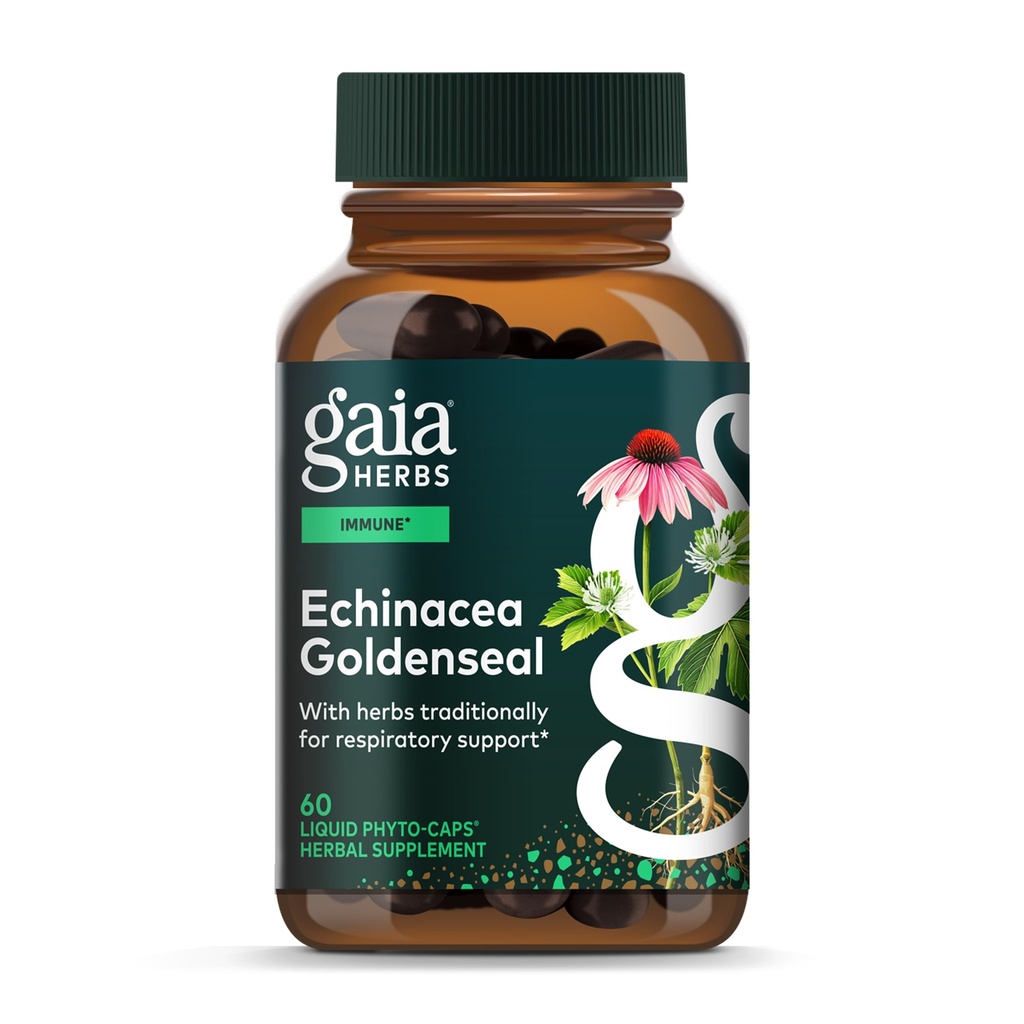 Gaia Kruiden Echinacea Goldenseal - Immune Support Supplement voor het behoud van een gezond ademhalingssysteem - met biologische Echinacea en Goldenseal Wortel - 60 Vegan vloeibare Phyto-Capsules (10-Dag Supply)