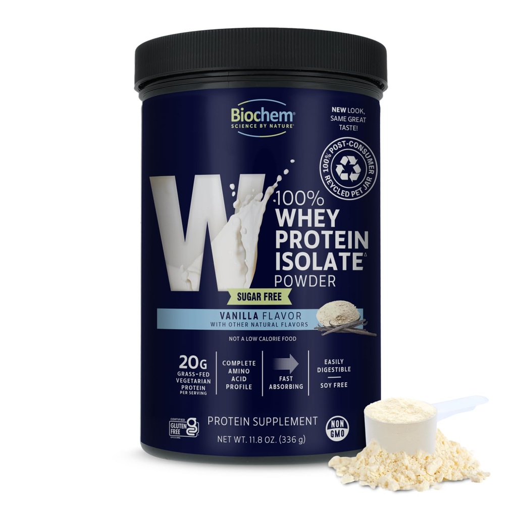 Biochem 100% Whey Vanille sans sucre 20g, 11.8oz, Végétarien certifié, sans gluten certifié, certifié non-OGM testé, Keto amical, gazon
