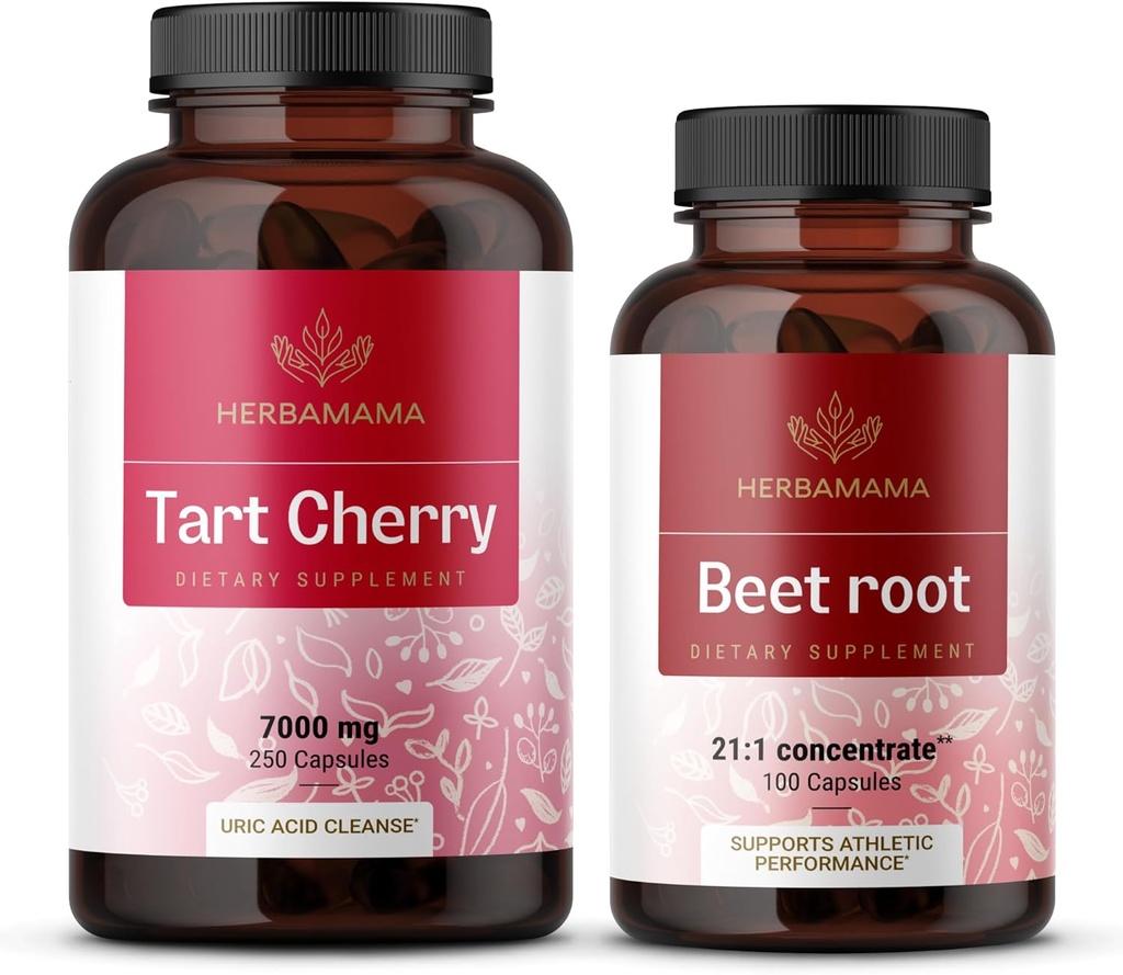 HERBAMAMA Tart Cherry and Beet Root Kit - bundel van 7000 mg Tart Cherry & 21:1 Concentrate Beet Root Capsules - Vegan, Non-GMO, Gelatine-Free - 2 Pack