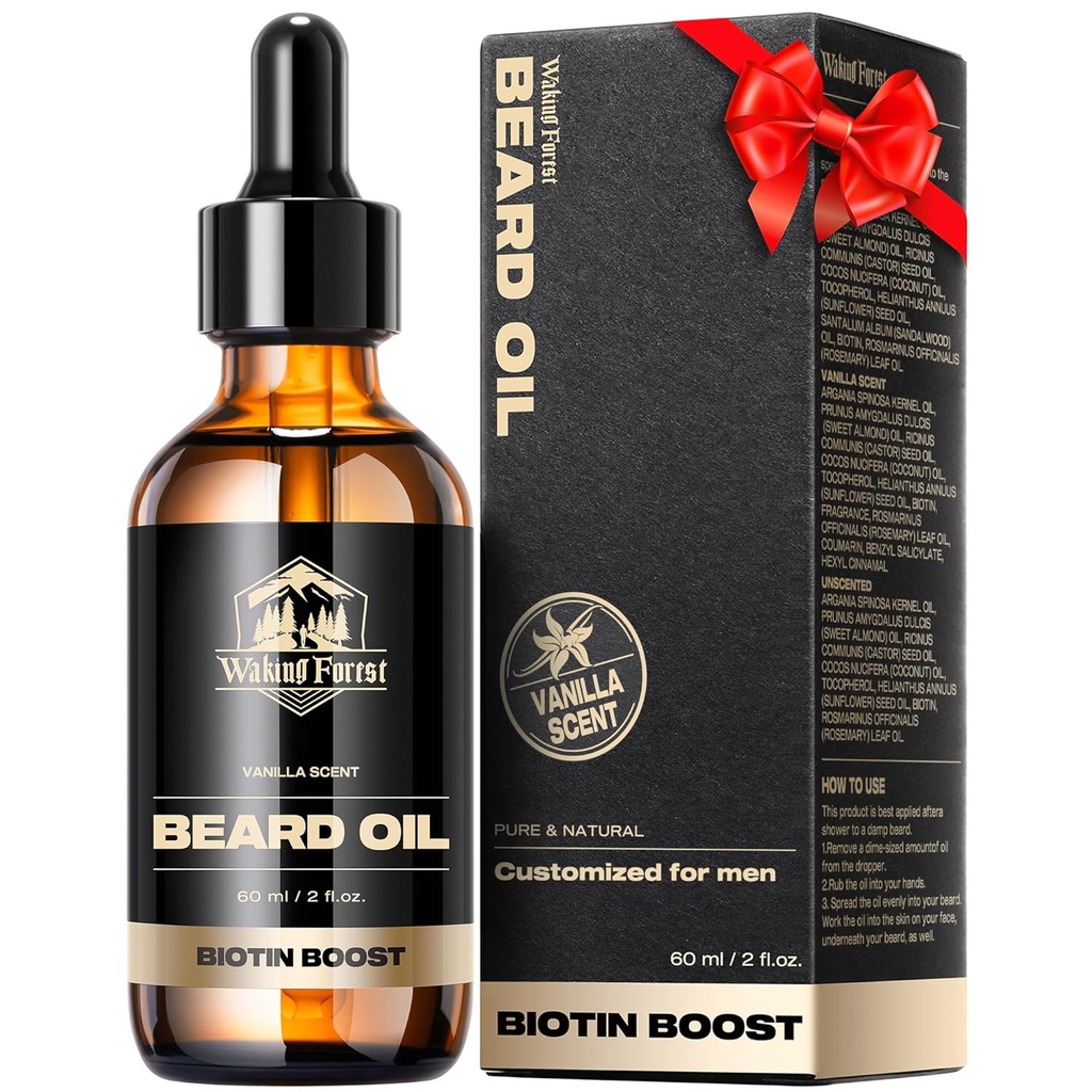Waking Forest Baard Oil - 60ml Vanilla Biotin Baard Oil for Men Thicker Baard with Vitamin E, Rosemary, Castor snor olie voor zwarte mannen, Softens & Versterkt Baard Care Oil