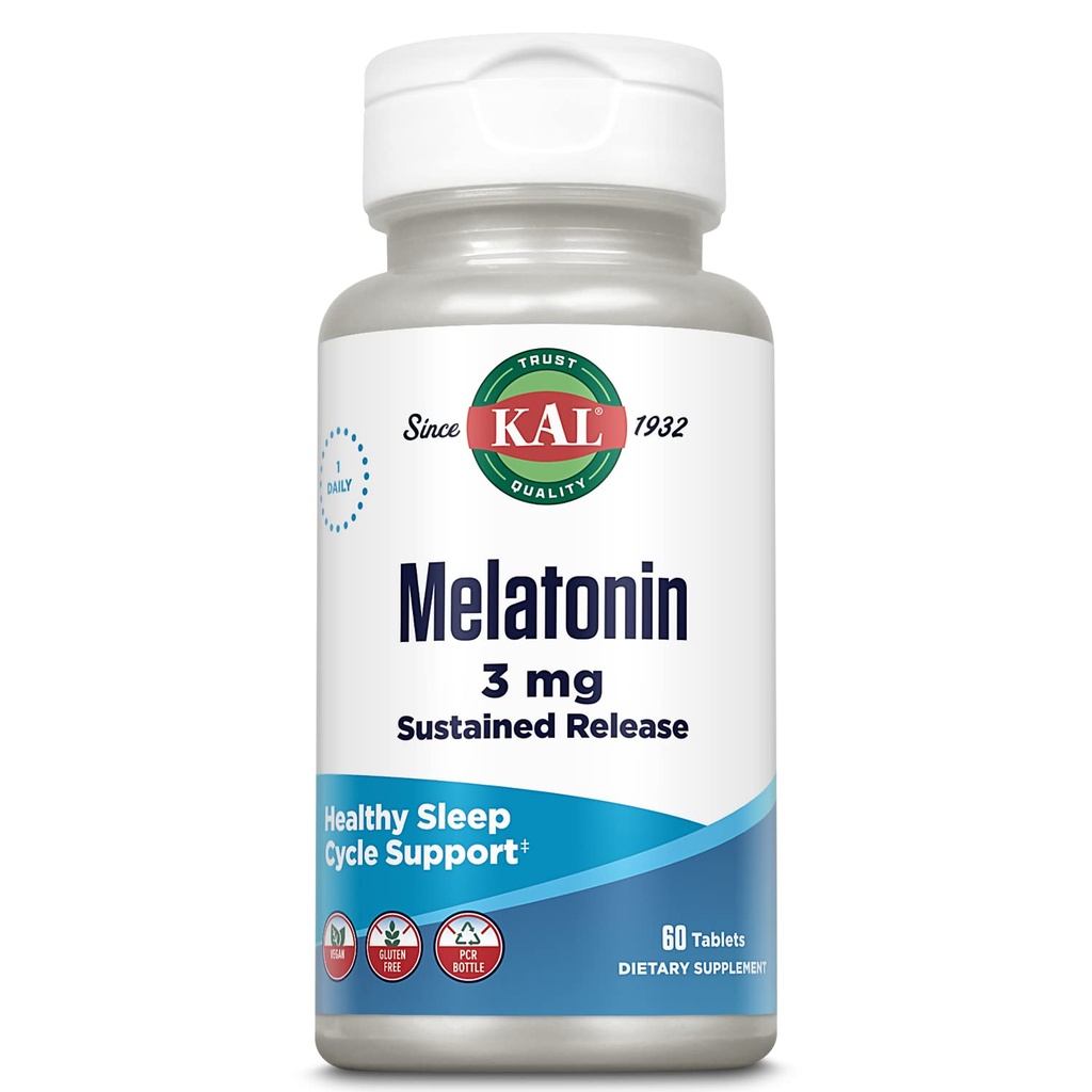 KAL Melatonine 3mg Sustained Release Slaaphulp, Melatonine Supplement Ondersteunt gezonde ontspanning, een kalm gevoel en een juiste slaapcyclus, met/toegevoegde vitamine B6, Veganist, Glutenvrij 60 Serv, 60 tabletten