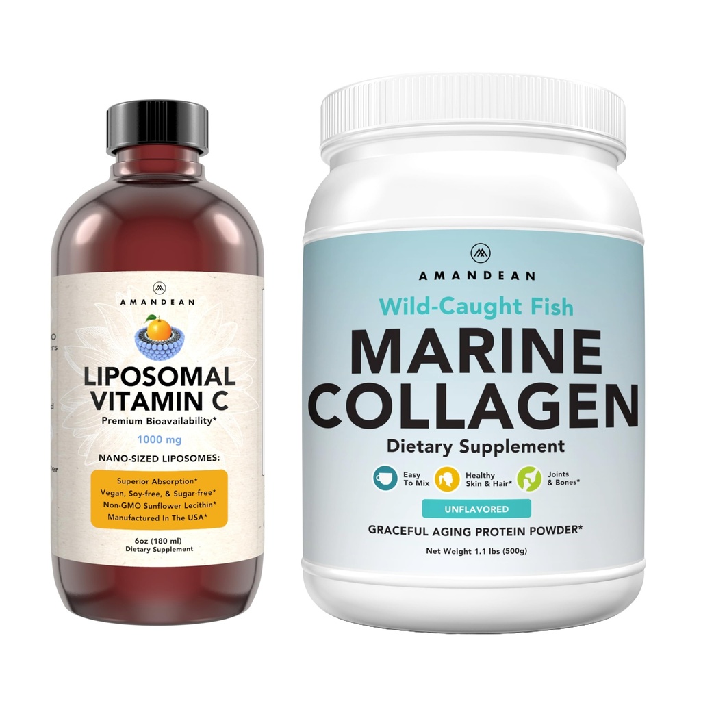 Poudre de collagène marin + vitamine C - Peau parfaite de l'intérieur de Combo. Peptides de poisson de morue sauvage, Liposomique VIT C Liquide 1000mg. Boost Production et synthèse pour le vieillissement en santé, beauté, bien-être.