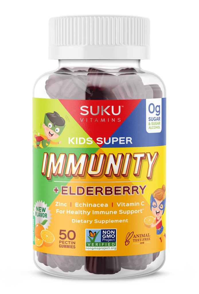 SUKU Vitamins - Kids Super Immunity - Elderberry, Echinacea, Vitamin A and Zinc Gummies for Immune Support - Easy to Chew - Non GMO, Gluten Sugar Free - Pomegranate Lime Gummy Vitamins, 50 Count