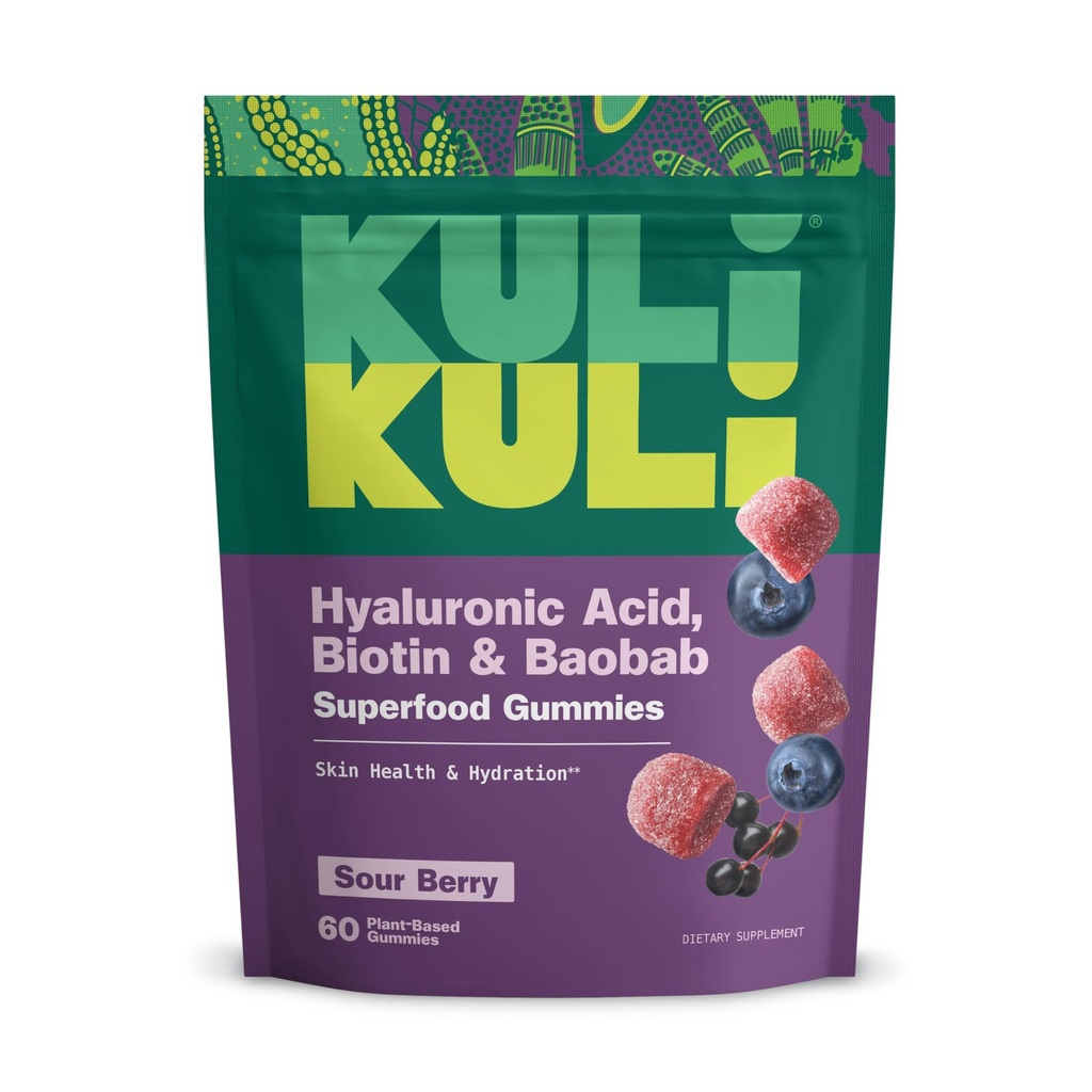 Kuli Kuli Super Gummies - Suppléments pour la peau avec Baobab, Elderberry et Biotin - Aide à soutenir la santé de la peau - 60 Gummies sans OGM, sans gluten