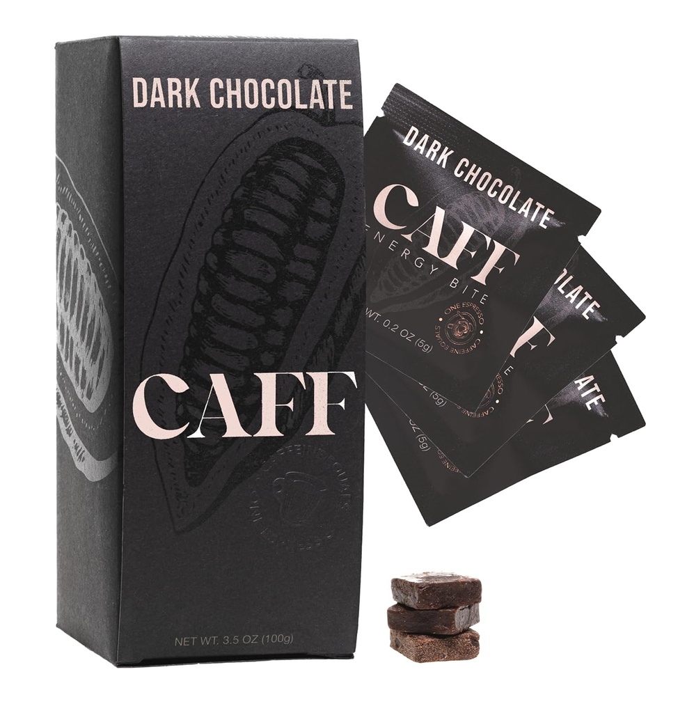 CAFF Tous les morceaux d'énergie naturelle - Chocolat caféiné aromatisé pour booster l'énergie - Pas de sucre ajouté - 65mg barres de chocolat de caféine – 15 collations de caféine biologique de calories - végétalien, sans gluten, kéto (20 bits)