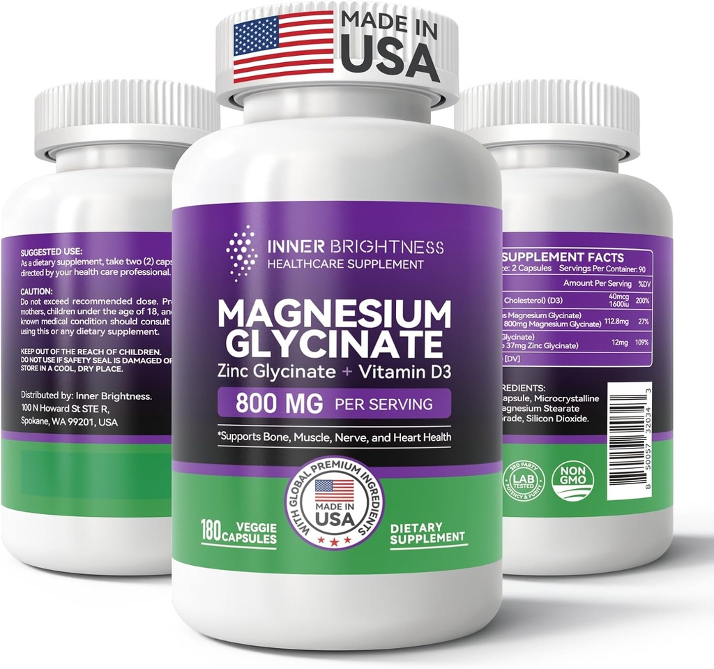 Magnesium Glycinate - Magnesium Supplement met zink en vitamine D3 voor slaap, immuun, bot & spierondersteuning en hartgezondheid - Non-GMO, Glutenvrije, zacht op maag - 180 Vegetarische Capsules