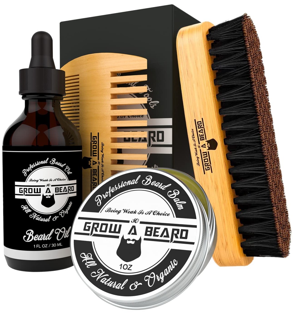 Baardborstel, baard Comb, baardolie, & baardbalsem Grooming Kit voor mannen zorg, Travel gezichtshaar set voor groei, styling, glans en zachtheid, grote geschenken voor hem