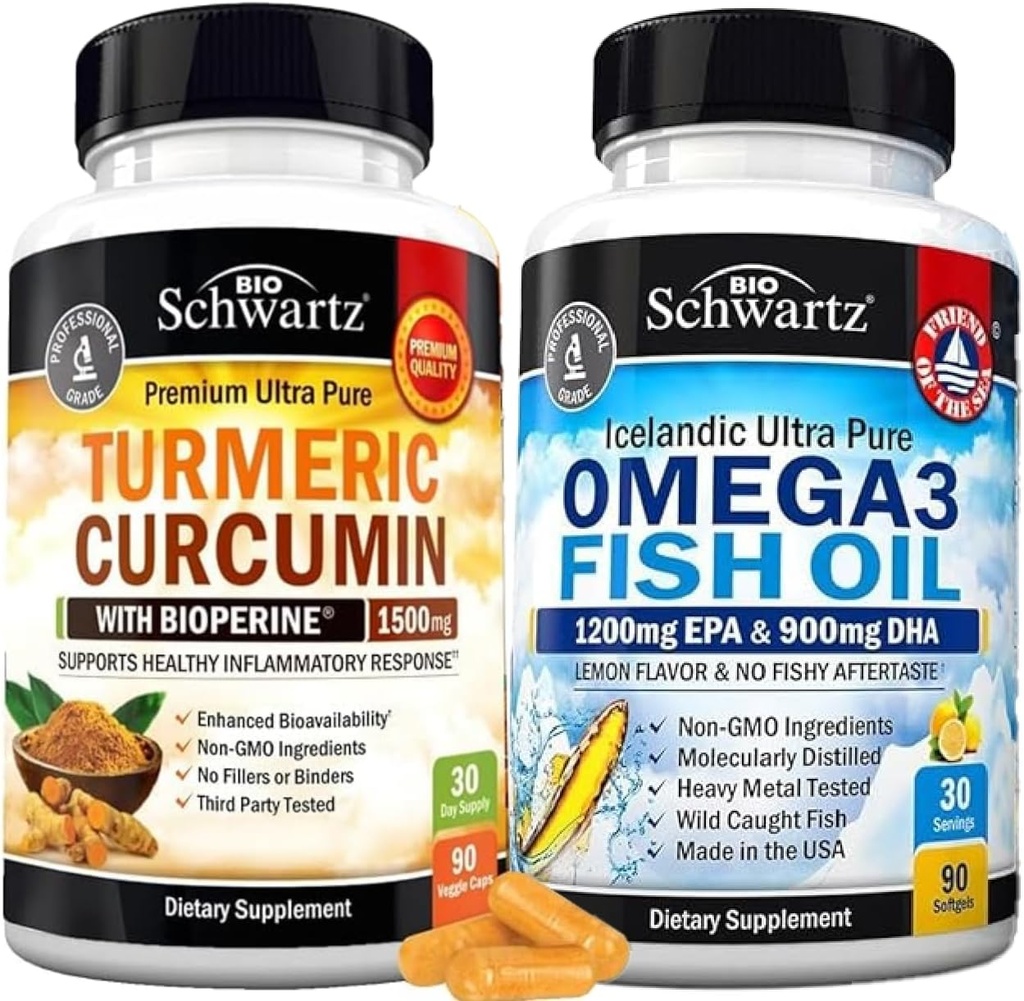 Triple Strength Omega 3 Fish Oil Softgels (1 maand Supply) Plus Kurkuma Curcumin met Black Pepper Extract 1500mg Complex (Trial Size)