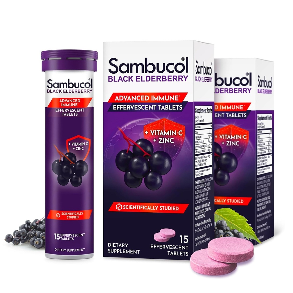 Sambucol Zwarte Vlierbessen tabletten met vitamine C & Zink - Immune Support Supplement, Zwarte Vlierbessen met zink en vitamine C Bruistabletten, Hoge Antioxidanten, Drink Fizzies- 30 Tellen