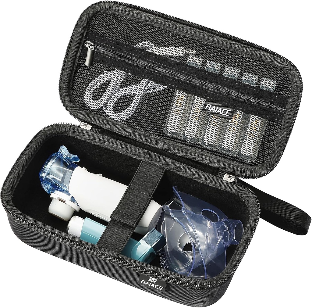RAIACE Hard Storage Case for Portable Handheld Inhaler Nebulizer Machine, Asthma Inhaler Travel Bag. Built-in mesh pocket for Medicine and Accessories. (case only) - Black