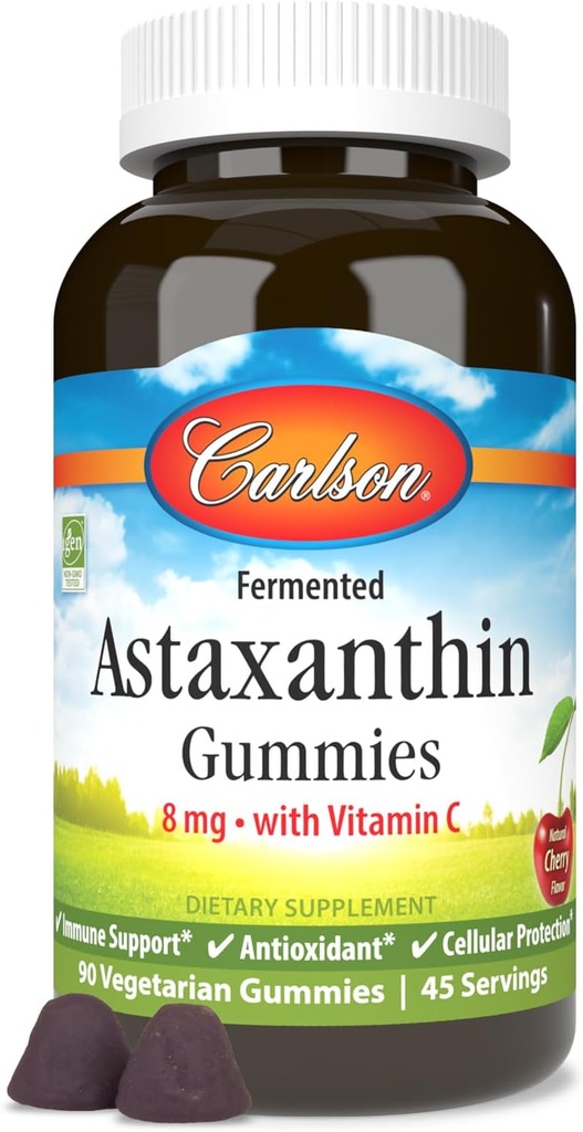 Carlson - Astaxanthine Gummies, met vitamine C, Immune Support, Antioxidant, Heart Health, Non-GMO, Cherry Flavor, 90 Vegetarische Gummies