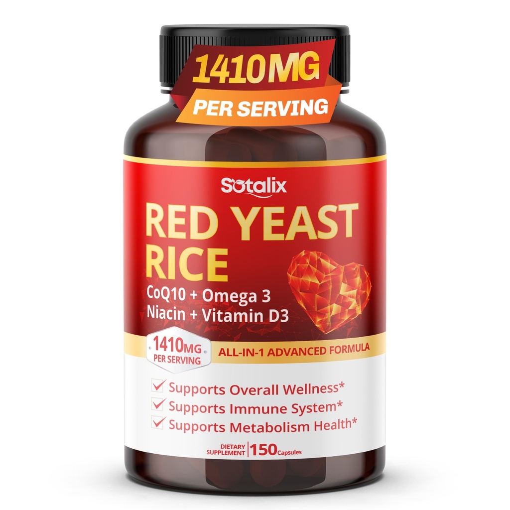 Riz de levure ultra-rouge avec CoQ10, Omega 3 Niacine, vitamine D3 pour le bien-être global, le soutien du système immunitaire - USA Made & Tested (150 Compte (paquet de 1))