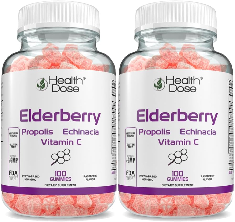 Gezondheid Dose Vlierbessen Sambucus Gummy Vitaminen Kids 100 Gummies. met Propolis Extract, Echinacea, Vitamine C, Yummy Raspberry Flavor, Vegan, Gluten-Free, Defense, Immune Support Booster. Verpakking van 2