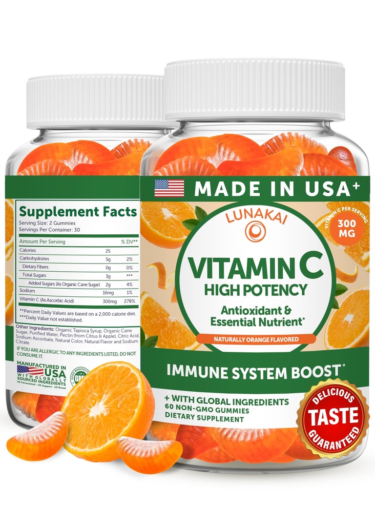 Lunakai USA Made High Potency Vitamine C Gummies for Adults and Kids - 300mg Immune Support - Non-GMO, Vegan, Delicious Orange Flavor, 60ct