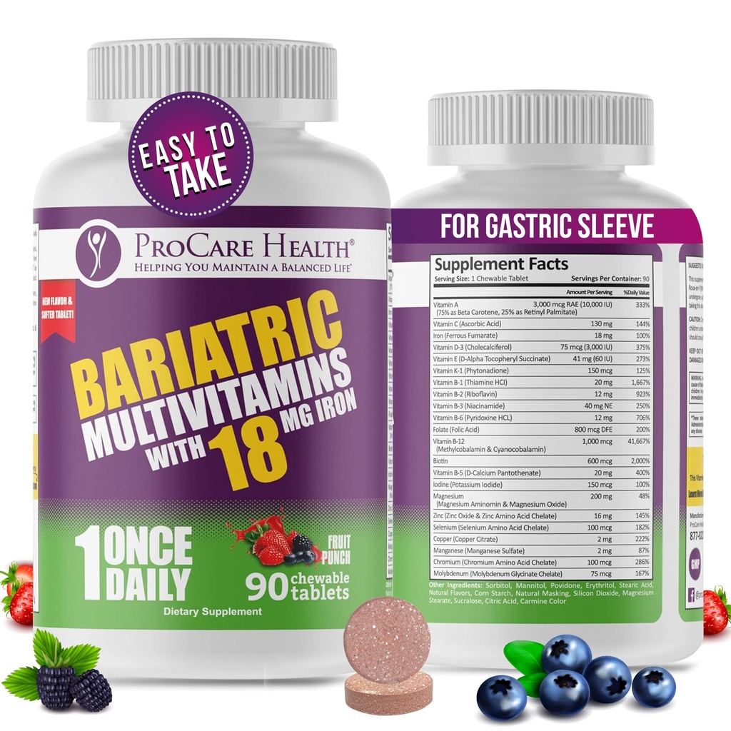 ProCare Health Bariatric Chewable Multivitamin with Iron 18mg (90 Tablets) - Fruit Punch Flavor - for Gastric Bypass & Sleeve Gastrectomy Patients* (3 Month Supply)