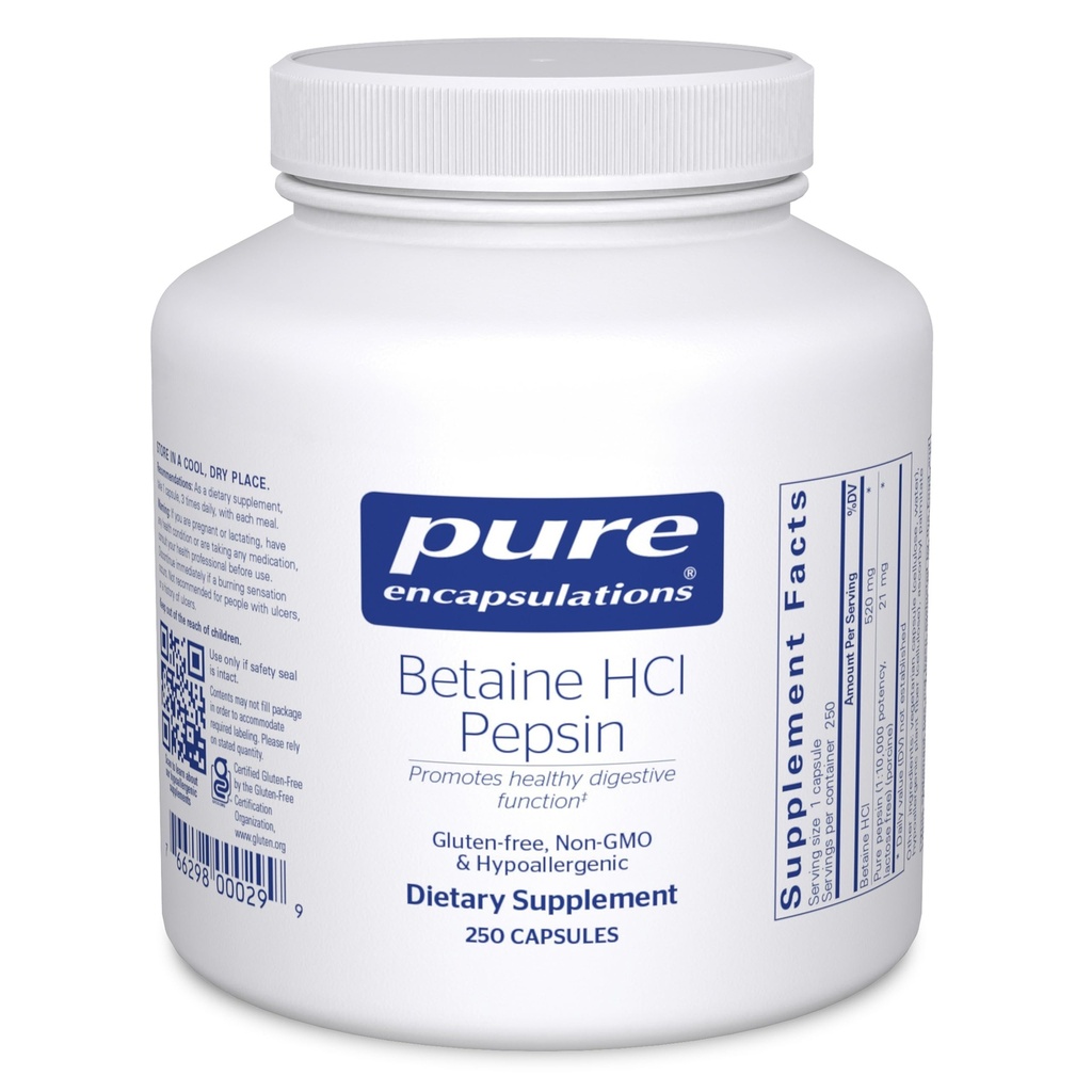 Encapsulations pures Bétaine HCl Pepsin - Supplément en enzymes digestives pour l'aide et le soutien à la digestion, l'acide stomach et l'absorption des nutriments* - avec Bétaine HCl Pepsin - 250 capsules