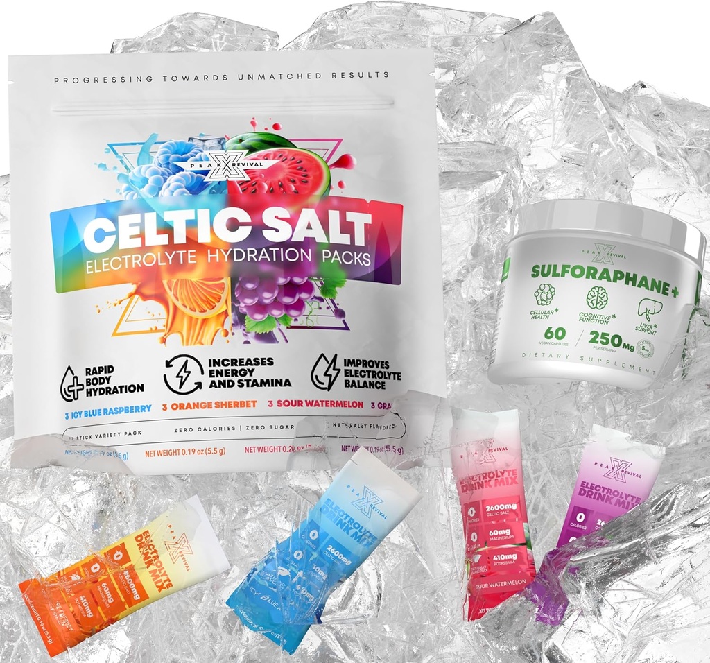 5000mcg de Sulforaphane Vérifié en laboratoire + Packets de poudre d'électrolytes Sel celtique 12 Packets d'électrolytes