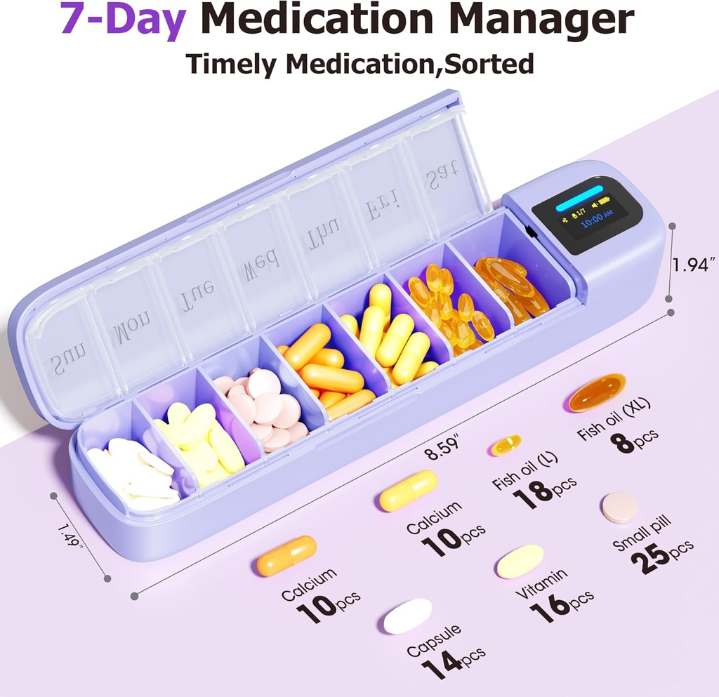 Daviky Smart Pill Organizer met Alarm, Bluetooth Dagelijks Eenmaal een dag pil Box 7 Dag met APP, Weekly Travel Pill Case, Portable Pill Herinnering voor Geneesmiddelen, Supplementen en Vitaminen(Purple)