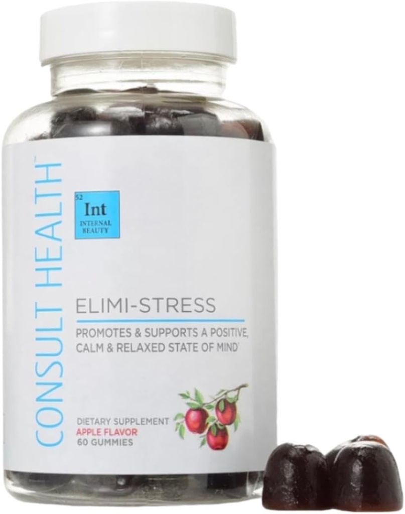 Consult Health - ELIMI-Stress Vegan Gummies - Stress Relief Supplement - Decrease Fatigue - Natural Apple Flavor - Ashwagandha Root & Leaf Extract -Tumeric Extract - Caffeine Free - 60 Count