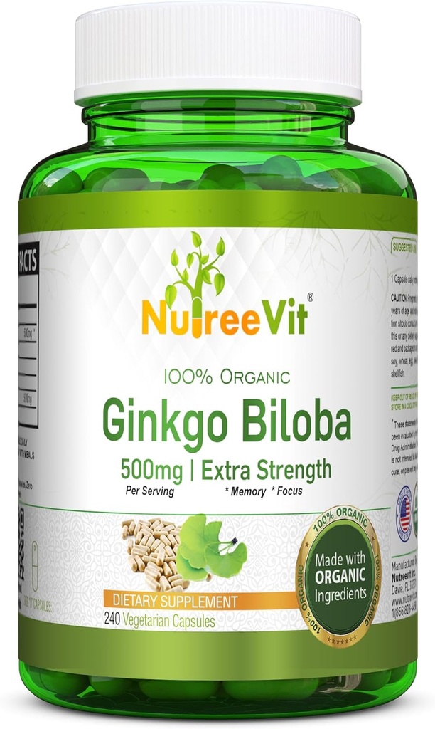 NutreeVit Ginkgo Biloba Herbal Supplement Capsules (240 Tel.)