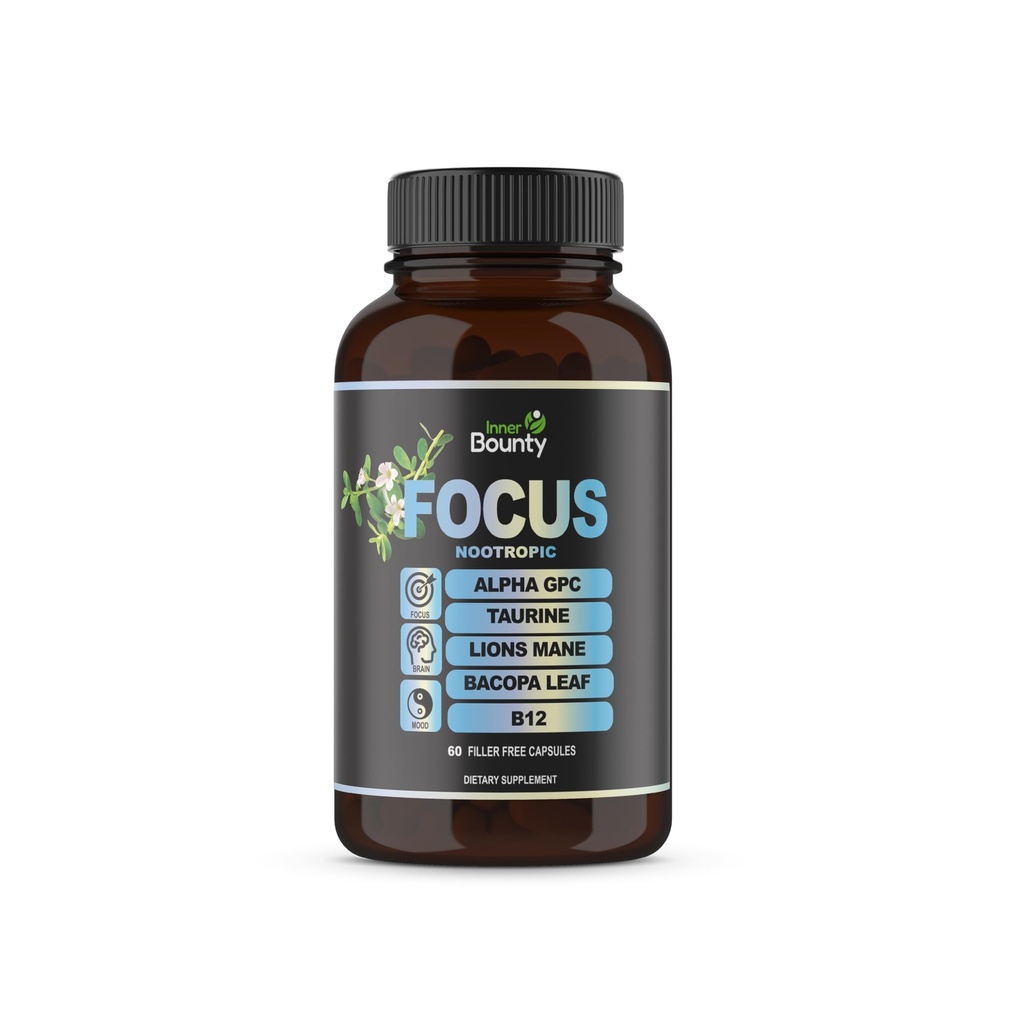 Focus 14-in-1 Nootropic Brain Supplement met Lions Mane, Alpha GPC Choline, Vitamine C & B12, Taurine, Bacopa - Energie, Cognitief, Geheugen Ondersteuning, 60 Filler Free Capsules