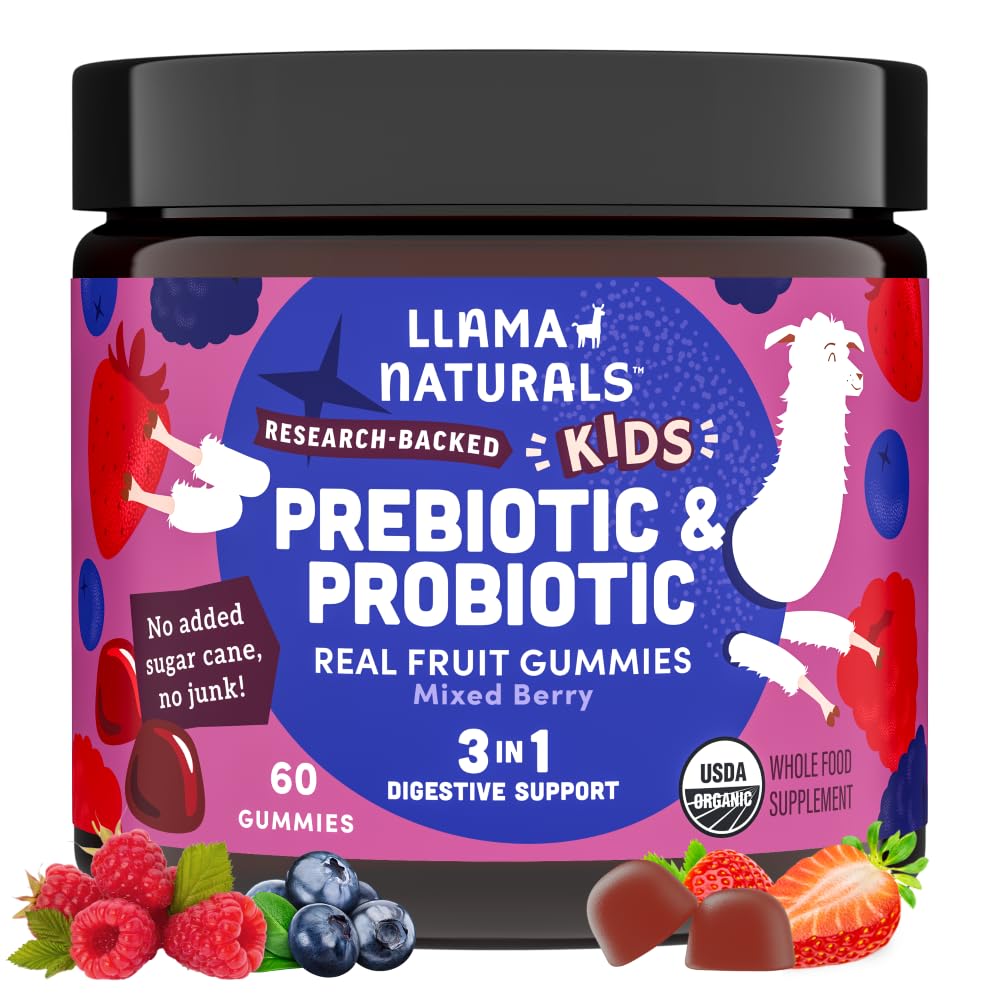 Lama Naturals Enfants Probiotique avec fibre prébiotique, végétalien, bio prébiotiques et probiotiques Gummies pour Gut soutien de la santé, Vitamines Gummy de fruits réels de Toddler, Pas d'ajout de canne à sucre, Berry mixte, 60 Ct