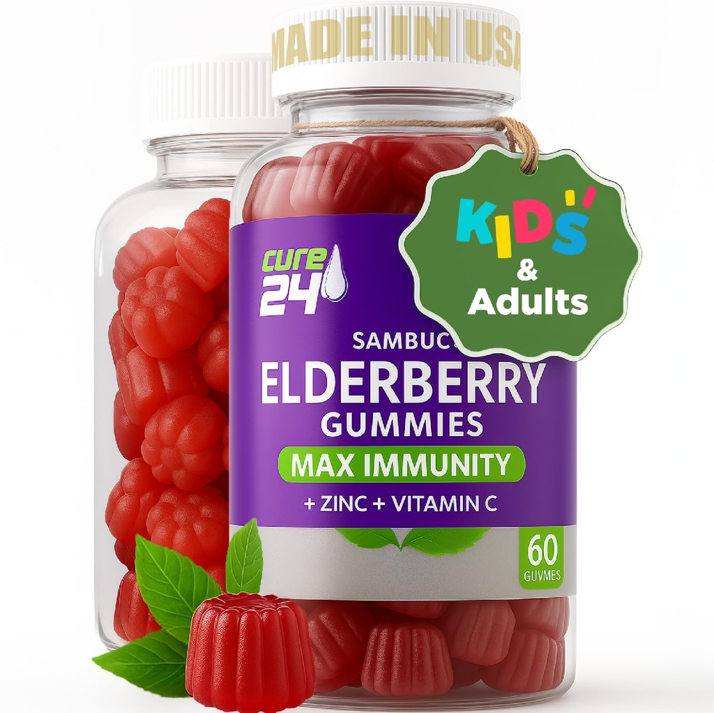Sambucus Vlierbes Gummies + Vitamine C + Zink voor kinderen & volwassenen, X3 Immune Support, Natuurlijke Smaken + Ingrediënten, Veganistisch, Niet-GMO, Made in USA (60)