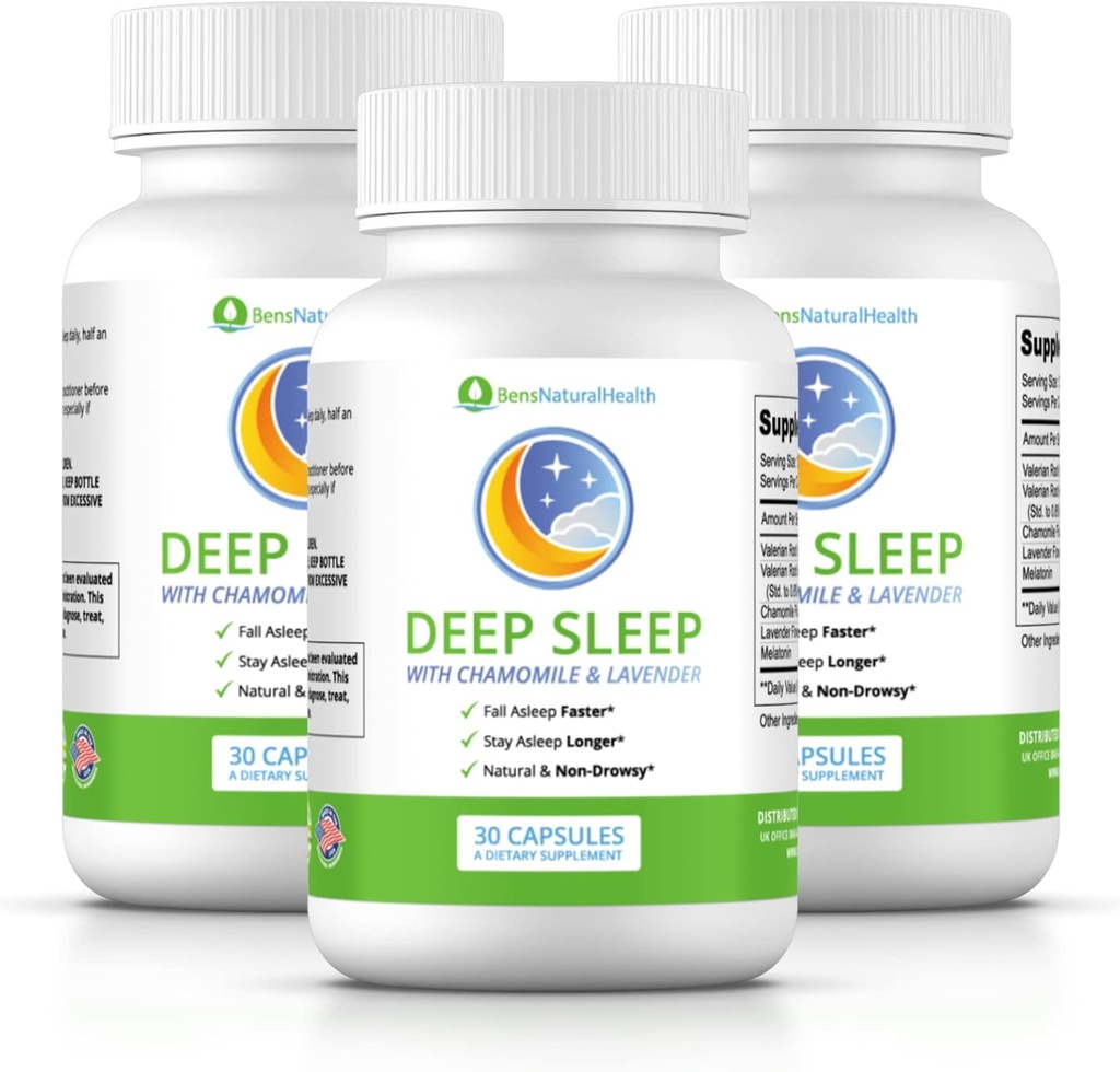 Ben's Natural Health Diepe Slaap Ondersteuning Supplement, Melatonine, Valeriaan, Kamille en Lavendel, 30 Capsules, 3 Pack
