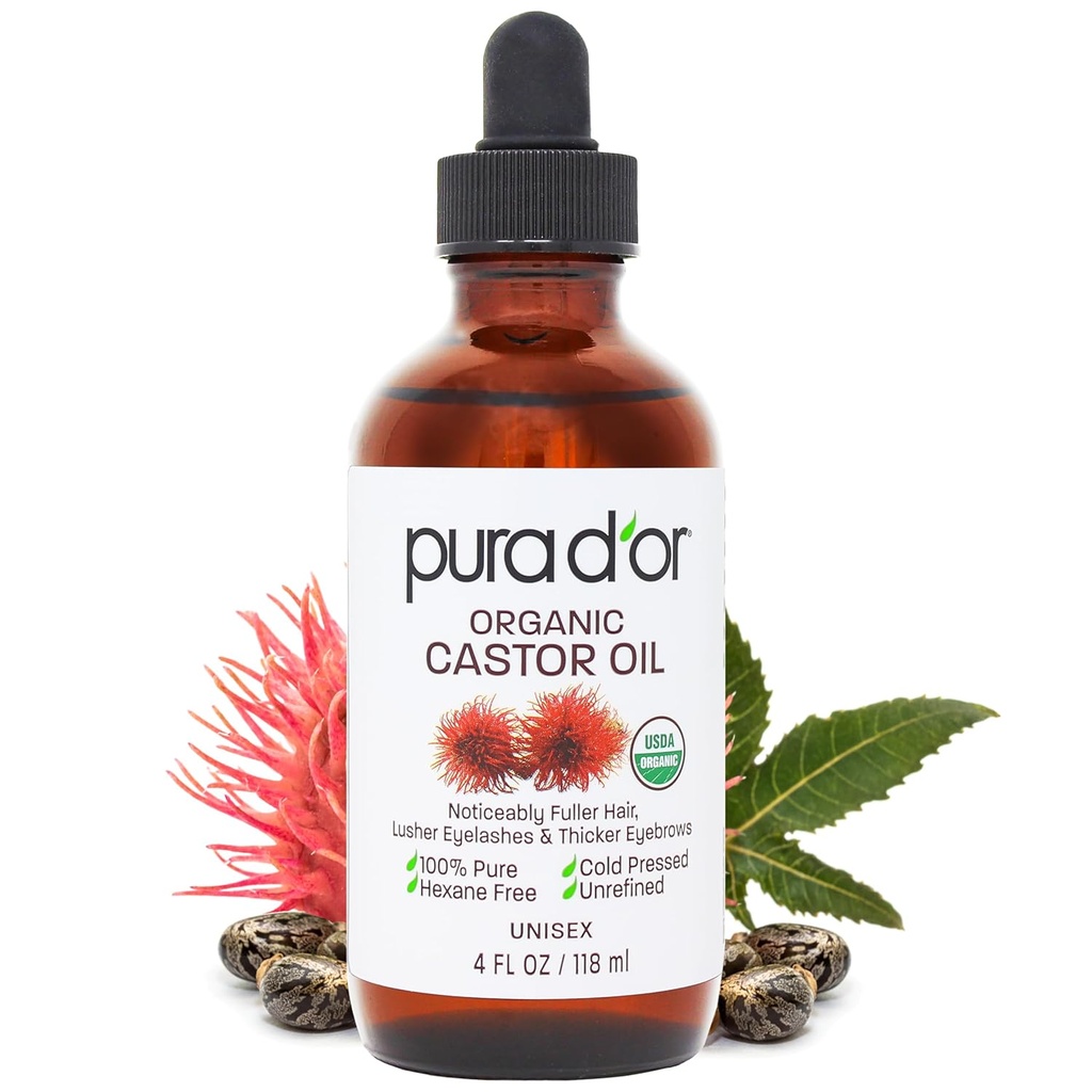 PURA D'OR 4 Oz ORGANISCHE Castorolie - 100% Pure USDA Certified Cold Pressed, Hexane Free Eyelash & Eyebrow Serum - For Fuller, Thicker Lashes & Brows - Huid en haar
