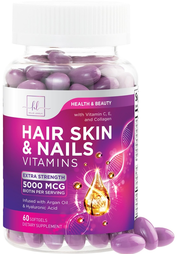Haar, huid en nagels Vitaminen voor vrouwen - Biotine 5000mcg ter ondersteuning van de haargroei met arganolie, collageen en hyaluronzuur, mooie, sterkere huid, haar en nagels vitaminesupplement - 60 Softgels