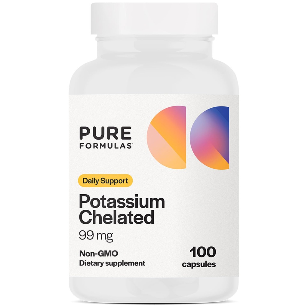 PureFormulas Potassium Supplément Chélaté 99 mg Formule de Potassium Pure pour l'énergie, le nerf, le muscle, le rein, le cœur et le squelettique, non-OGM - 100 capsules végétariennes