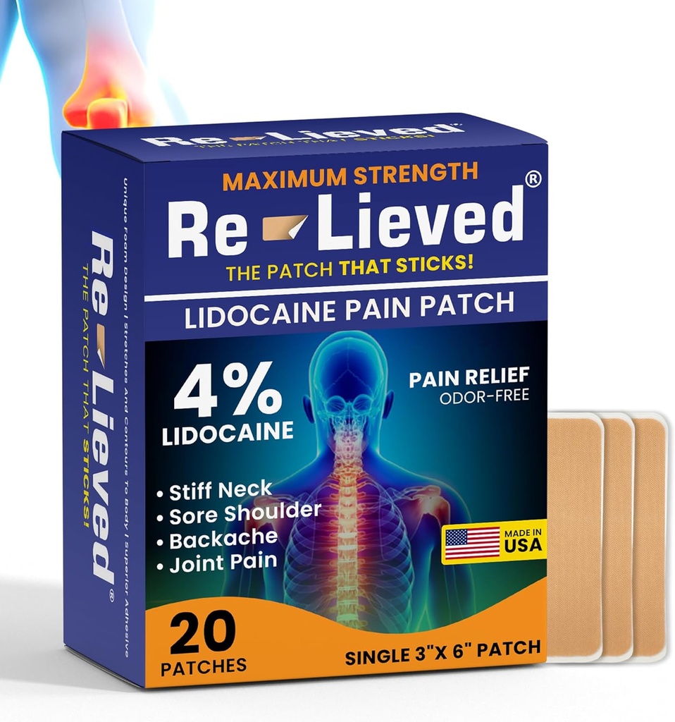 Vernieuwde 4% Lidocaïne Patches Maximale sterkte - Aluminium-vrij, waterbestendig en USA Made -Superior Sticking Pain Relief Patches Snel Verlicht Terug, gewrichten en spierpijn-3x6 Inches (20 Tellen)