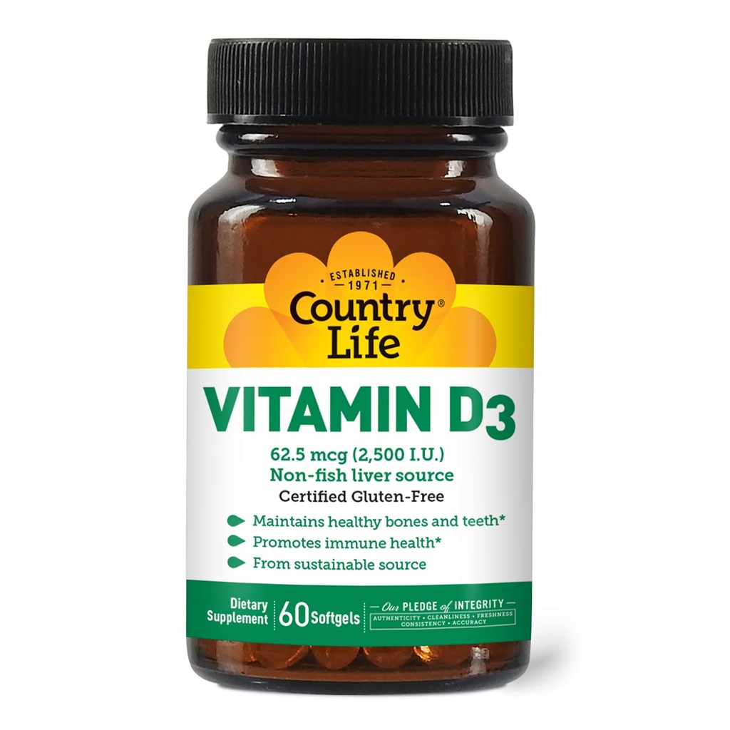 Country Life Vitamine D3 2500 I.U. Glutenvrij, 60 Softgels