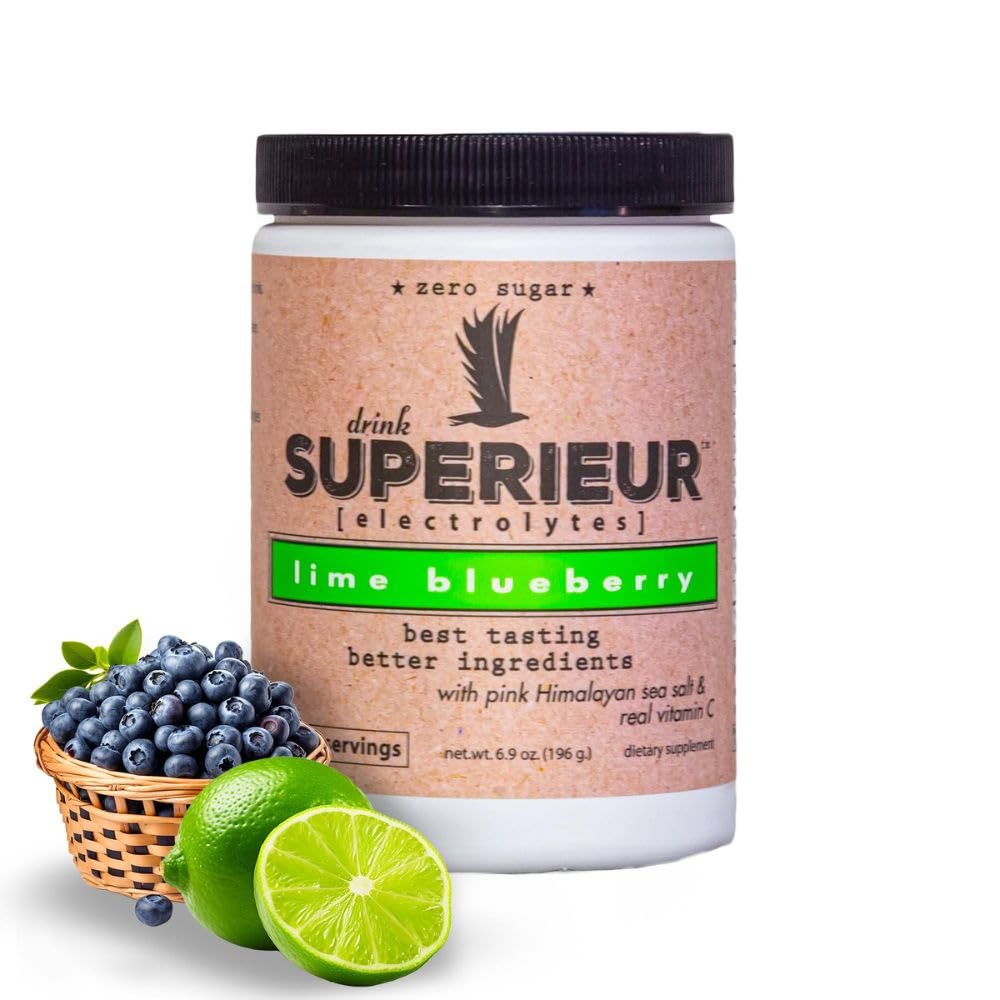 Superieur Electrolytes – Supplément d'électrolyte à base de plantes avec minéraux de mer pour l'hydratation et la récupération–Keto Friendly, non-OGM, Zero Sugar, végétalien, boisson sportive saine en poudre– Blueberry Lime (70 portions)