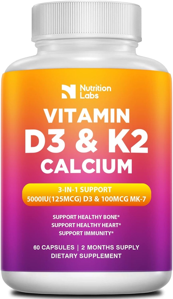 Vitamine D3 K2 5000 IE Supplement met Calcium, Multivitaminen Ondersteunt Immune Health, Sterke Bones, Tanden & Hart functies met Bioperine Black Pepper Fruit Extract 60 Tel (Pack of 1)