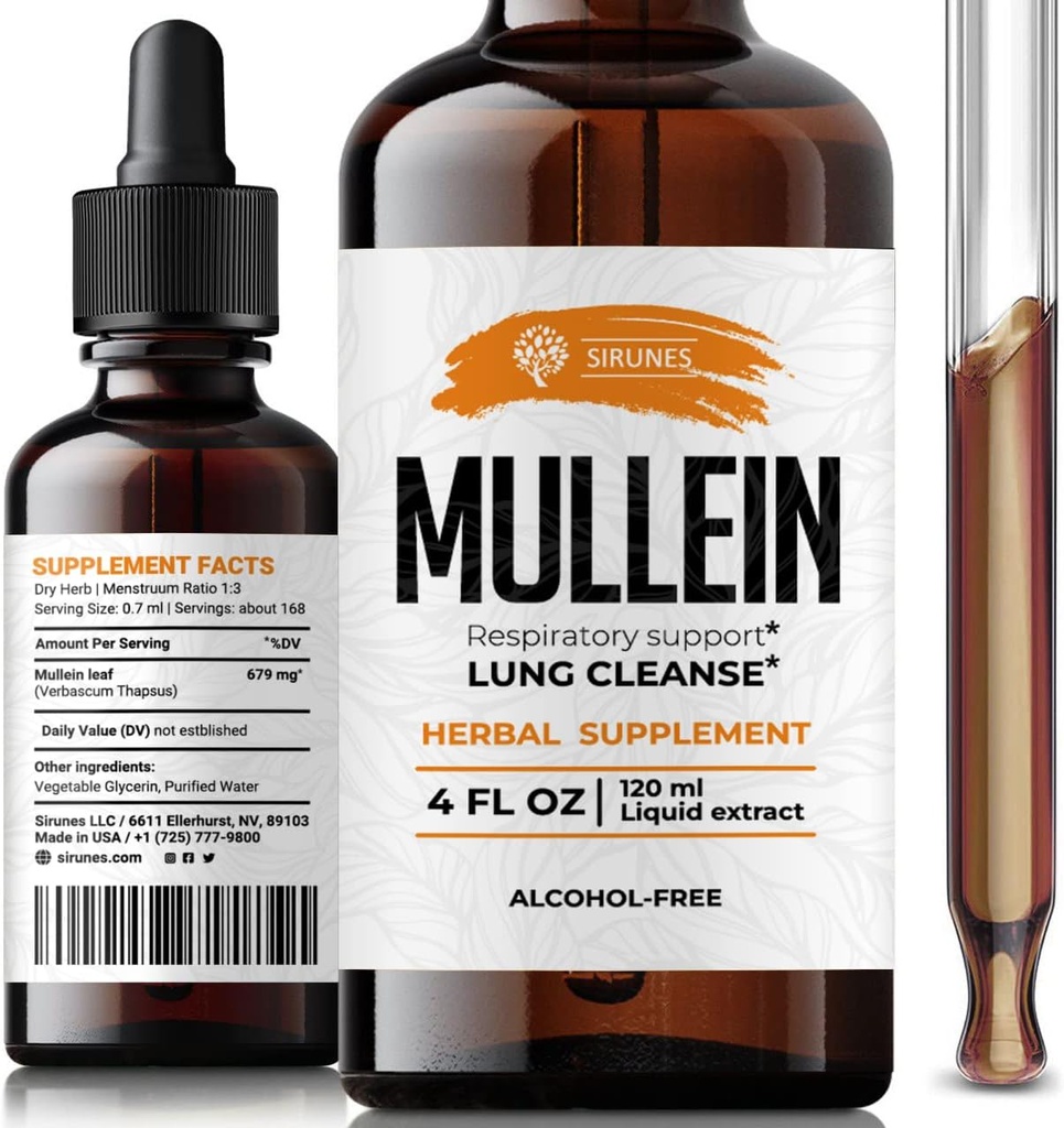 SIRUNES Mullein Leaf Verbascum Thapsus Dieetsupplement - Promoting Long, Respiratory (Mullein 4Fl Oz)