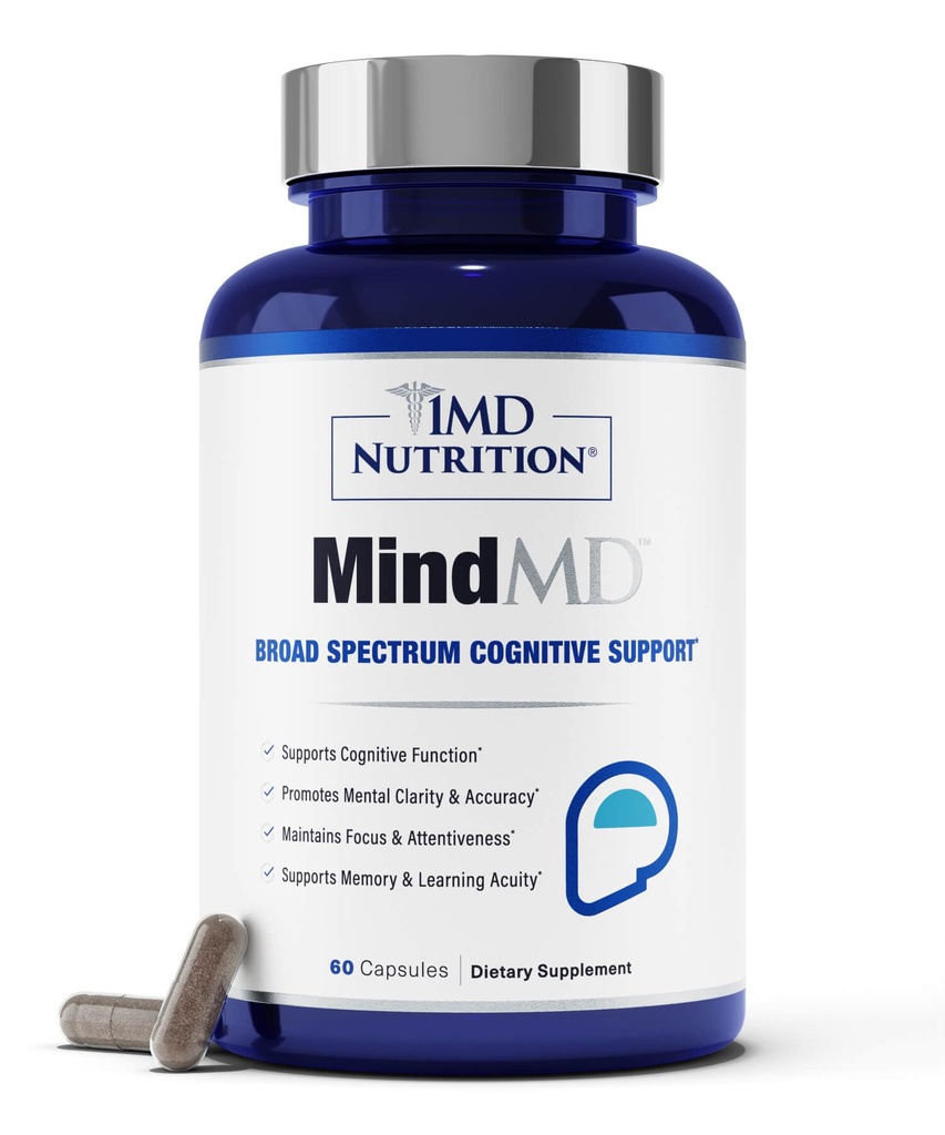 1MD Nutrition MindMD - Supplément Cerveau pour la Mémoire et la Focus - Bacopa Monnieri pour le Soutien Cerveau Nootropique - Supplément Santé Cerveau pour Adultes - avec Vitamine B6 et Extrait de Thé Vert - 60 capsules