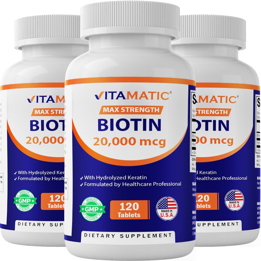 Vitamatic High Potency Biotin 20000 mcg (20mg) met Keratine 100mg - 120 Vegetarische tabletten - Biotinesupplementen voor gezonde haarhuid & Nagels voor volwassenen (120 Tellen (pakket van 3))