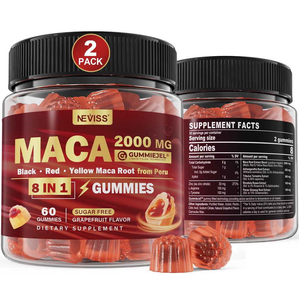 2 Pack Sugar Free Maca Root Gummies 2000mg met Ashwagandha, Tribulus Terrestris, Rhodiola, Panax Ginseng, L Arginine & L Tyrosine - Biologische Black Red Yellow Maca Root voor vrouwen Mannen Energy Support