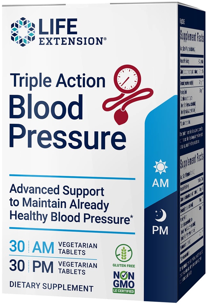 Life Extension Triple Action Blood Pressure, Heart Health Supplement, quercetine, stevia Extract, melatonine, Morning and Night Support, Gluten-Free, Non-GMO, Vegetarisch, 60 tabletten