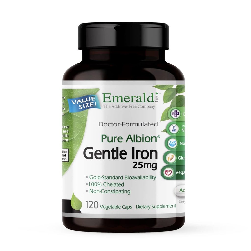 Emerald Labs Gentle Iron 25mg - Ferrous Bisglycinate Chelate - Chelated Iron Supplement that Supports Energy, Eye, Immune & Heart Health - 120 plantaardige capsules (120-Day Supply)
