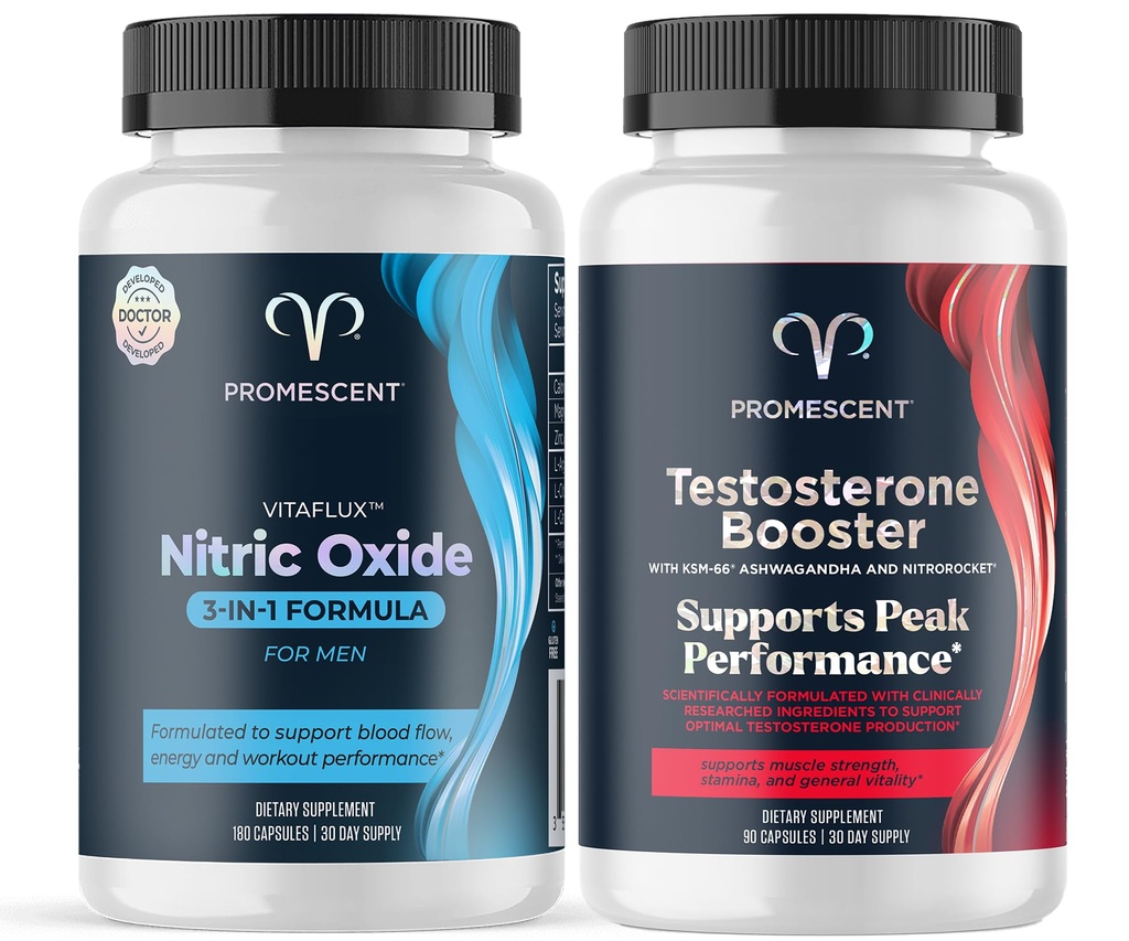 Promescent VitaFLUX Nitric Oxide Supplement, L Arginine l Kwaliteit Citrulline Supplementen voor mannen + Testosteron Booster voor mannen Supplement w/Tongkat Ali (LongJack), KSM-66 Ashwagandha