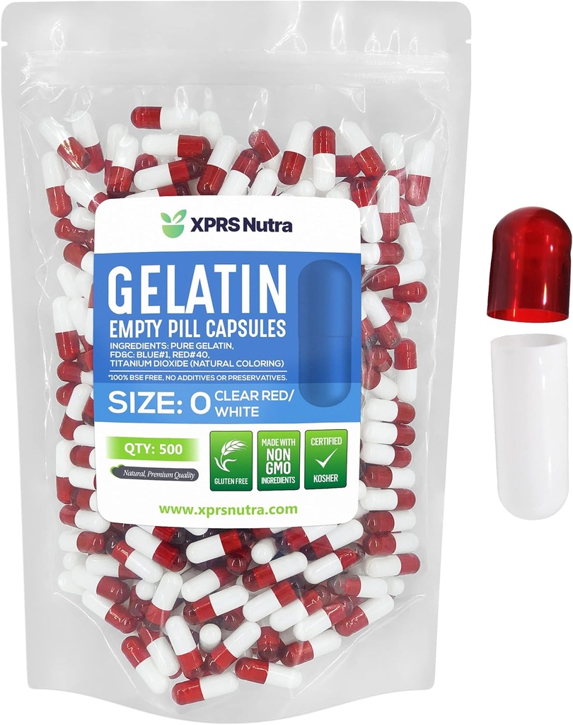 XPRS Nutra Size 0 Empty Capsules - 500 Count Empty Gelatin Capsules - DIY Capsule Filling - Pure Bovine Pill Gel Caps for Do-It-Yourself Supplements (Clear Red/White)