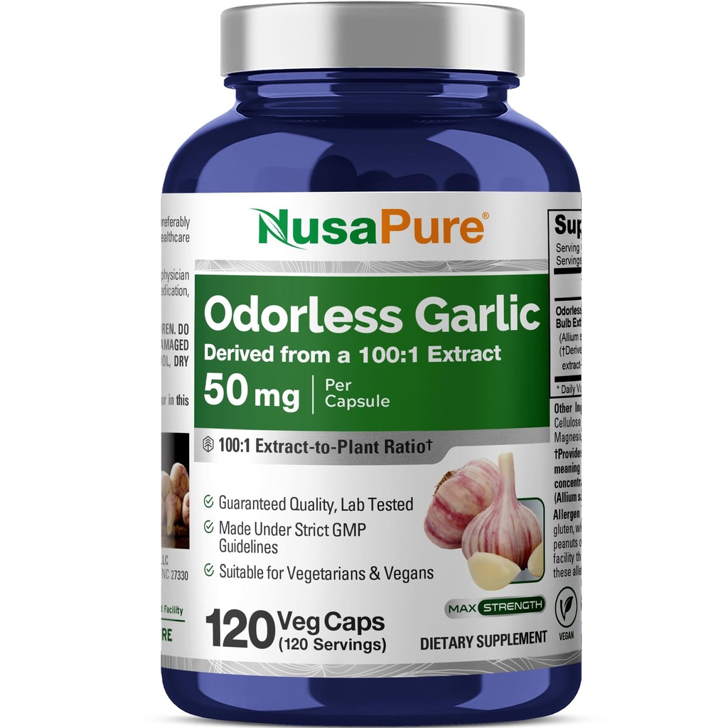 NusaPure Odorless Extrait d'ail 100:1, 50 mg équivalent à 5000mg Capsule.