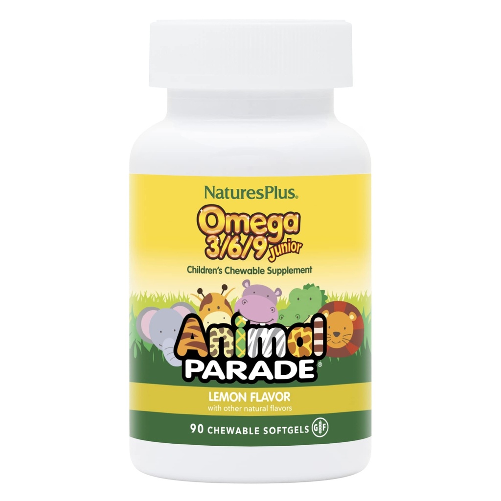 Natures Plus Animal Parade Omega 3/6/9 Junior, citroensmaak - 90 Softgels - Promoot kinderen Immune, huid, oog en zenuwstelsel Gezondheid - Non-GMO, Glutenvrij - 45 Serven