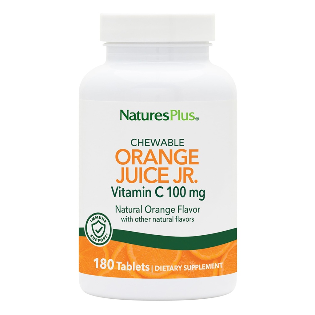 NaturesPlus Jus d'orange Jr. - 180 Comprimés à croquer - 100 mg Vitamine C - Support du système immunitaire - Douce sur l'estomac - Vegan, sans gluten - 180 portions